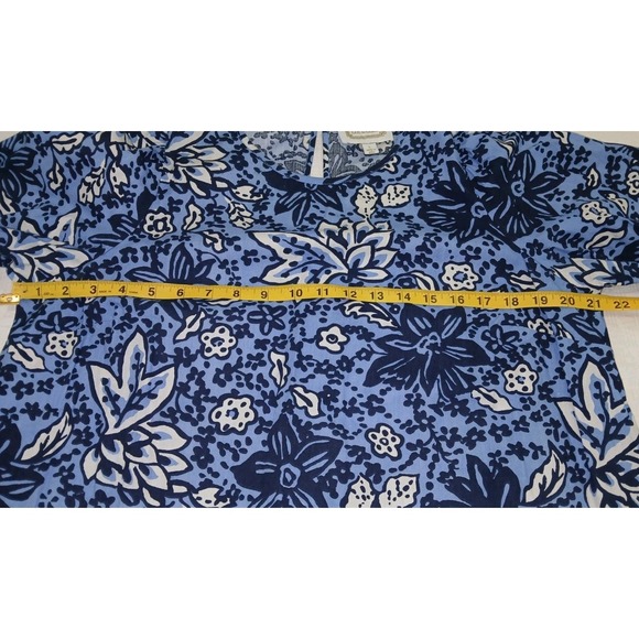 Sail to Sable Blue Floral Cotton Blouse Long Sleeve Smocked Cuff Large L STS - Picture 3 of 8